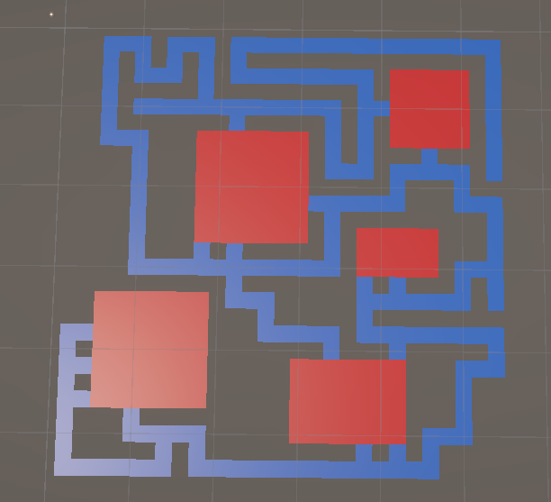 Ein Screenshot aus dem Unity Editor. Gezeigt werden vordefinierte Räume und die Gänge, die diese verbinden